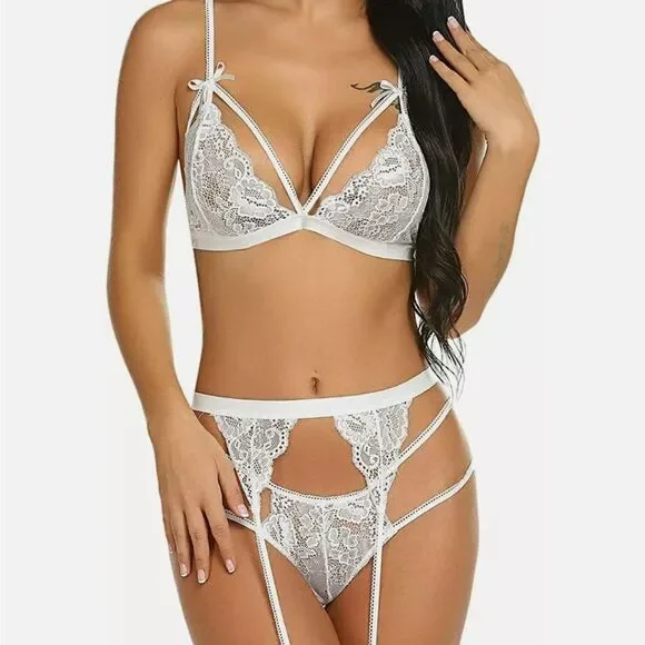 Women Sexy Lingerie Set Lace Teddy Strap Babydoll Bodysuit with Garter Belts - Picture 4 of 5